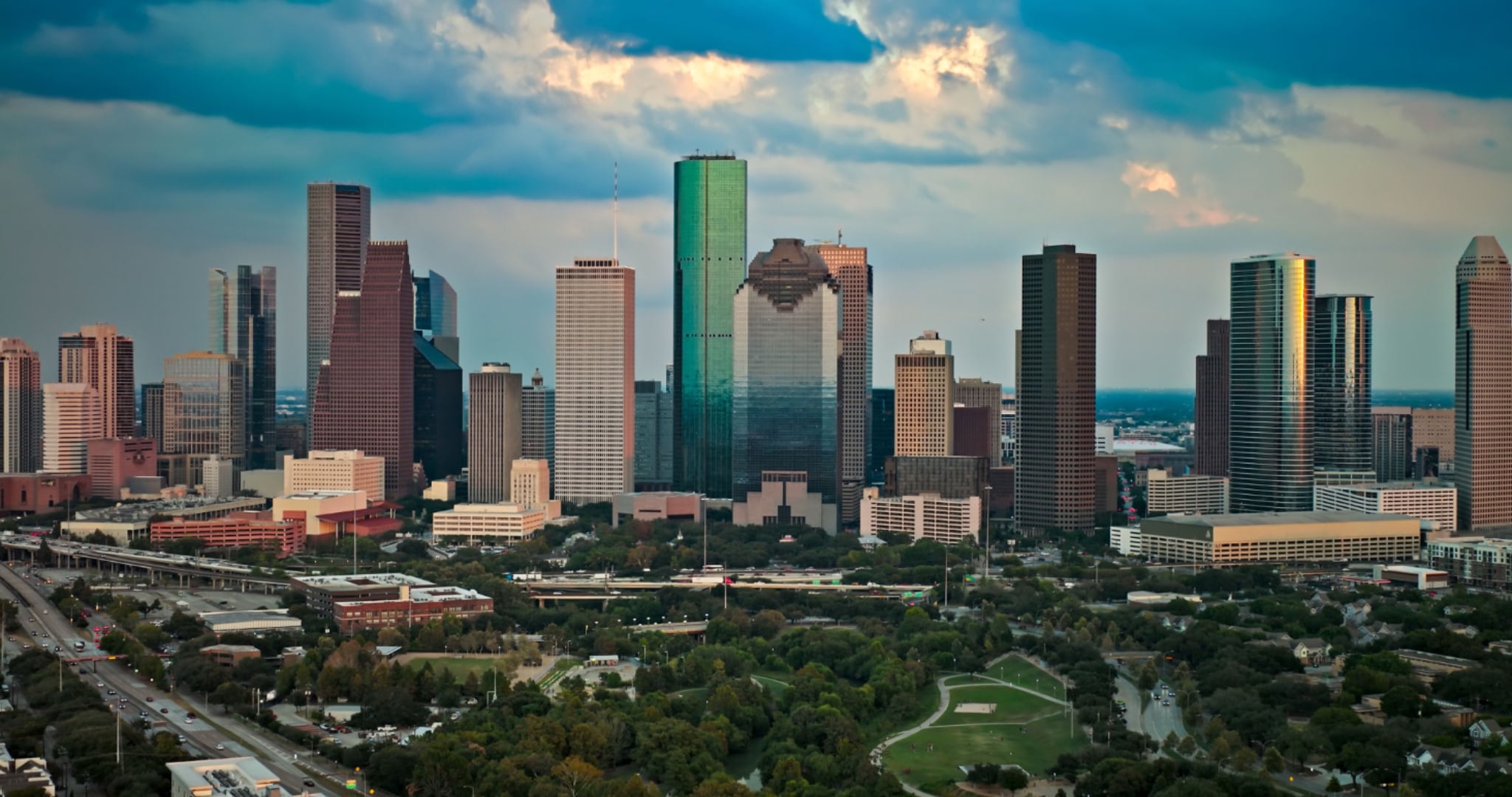 FAA certified aerial drone photography Houston TX — downtown skyline at sunset by Clean Cut Shots